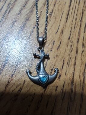 Silver Anchor Pendant Necklace with Blue Heart Accent